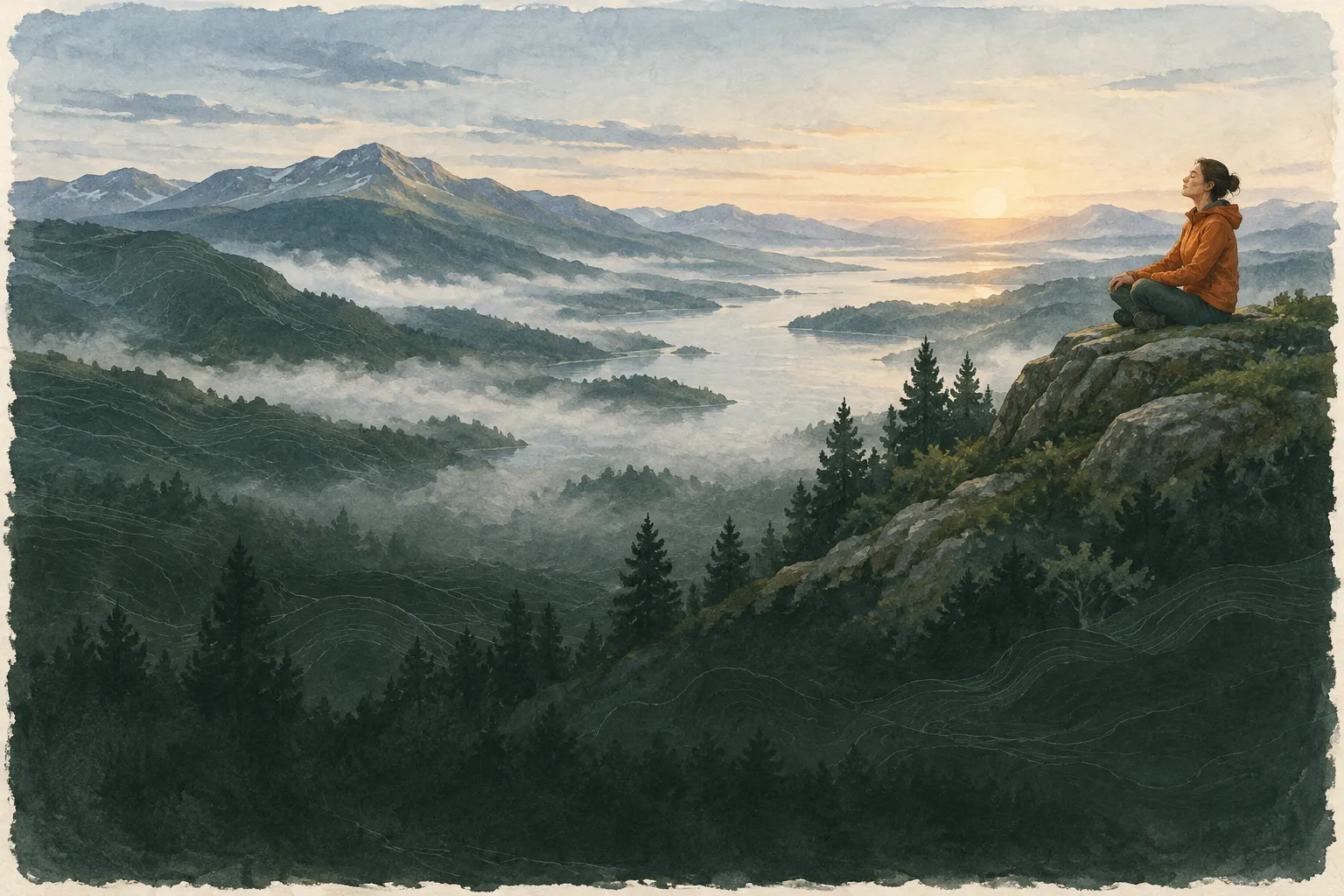 Person sitzt ruhig auf einem Felsen über einem nebligen Tal bei Sonnenaufgang