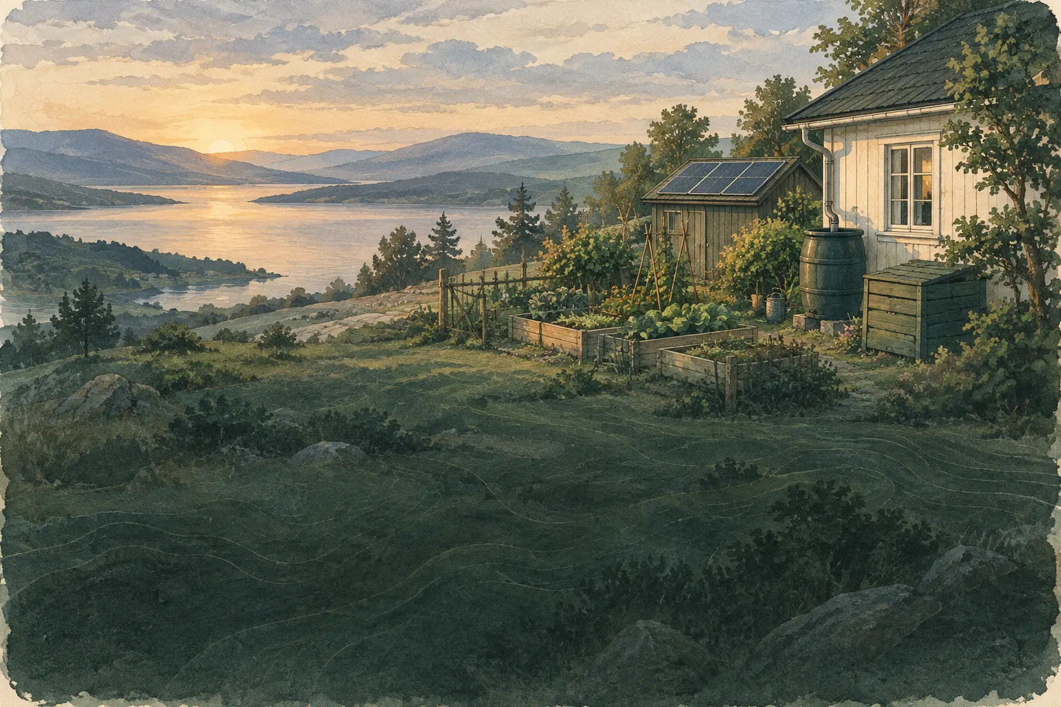 Gemüsegarten mit Regentonne und Solarmodulen auf dem Schuppen