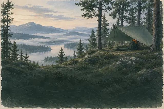 Tarp-Unterstand auf einer Lichtung im Morgennebel