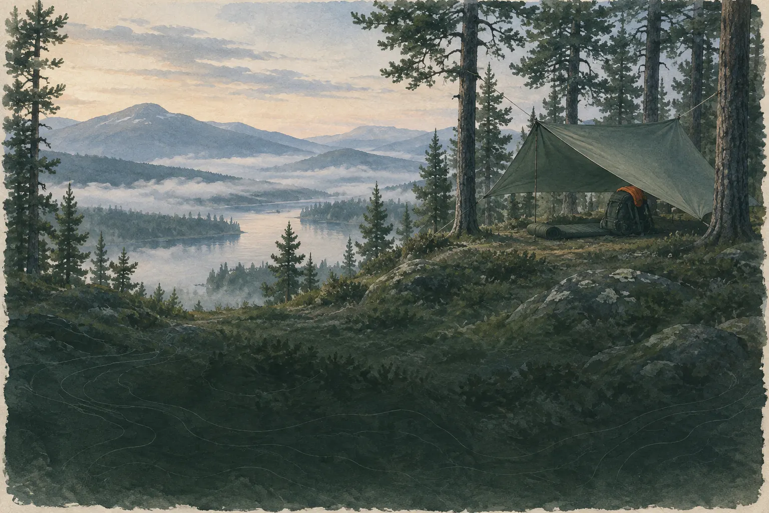 Tarp shelter in a clearing in morning mist