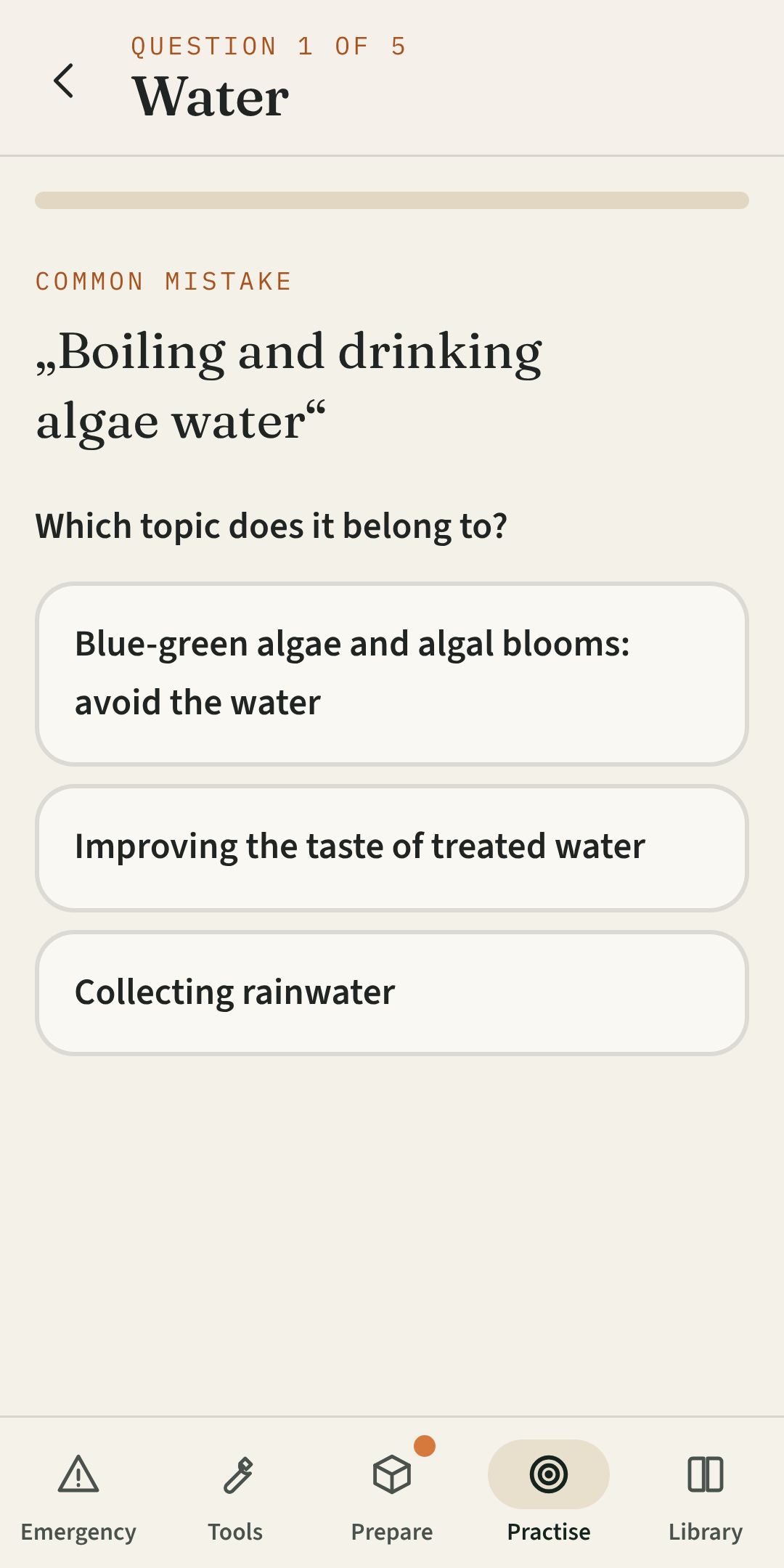 Pregunta del cuestionario sobre el agua
